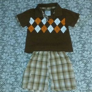 QUAD SEVEN BABY BOYS BROWN ARGYLE/PLAID SHORTS SET